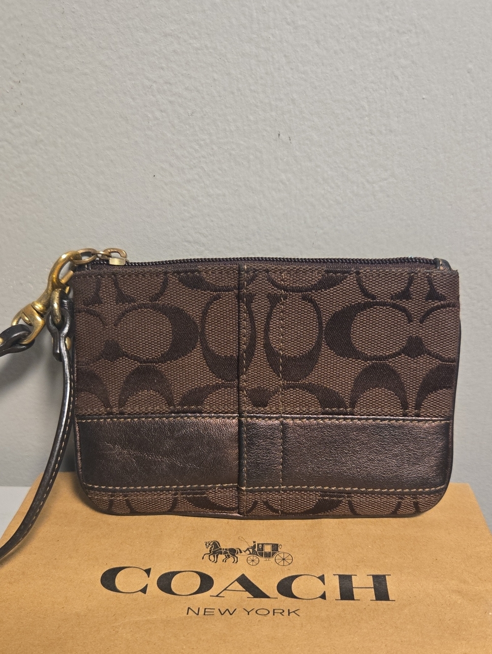Coach Legacy Brown Signature Canvas Wristlet with Leather Trim